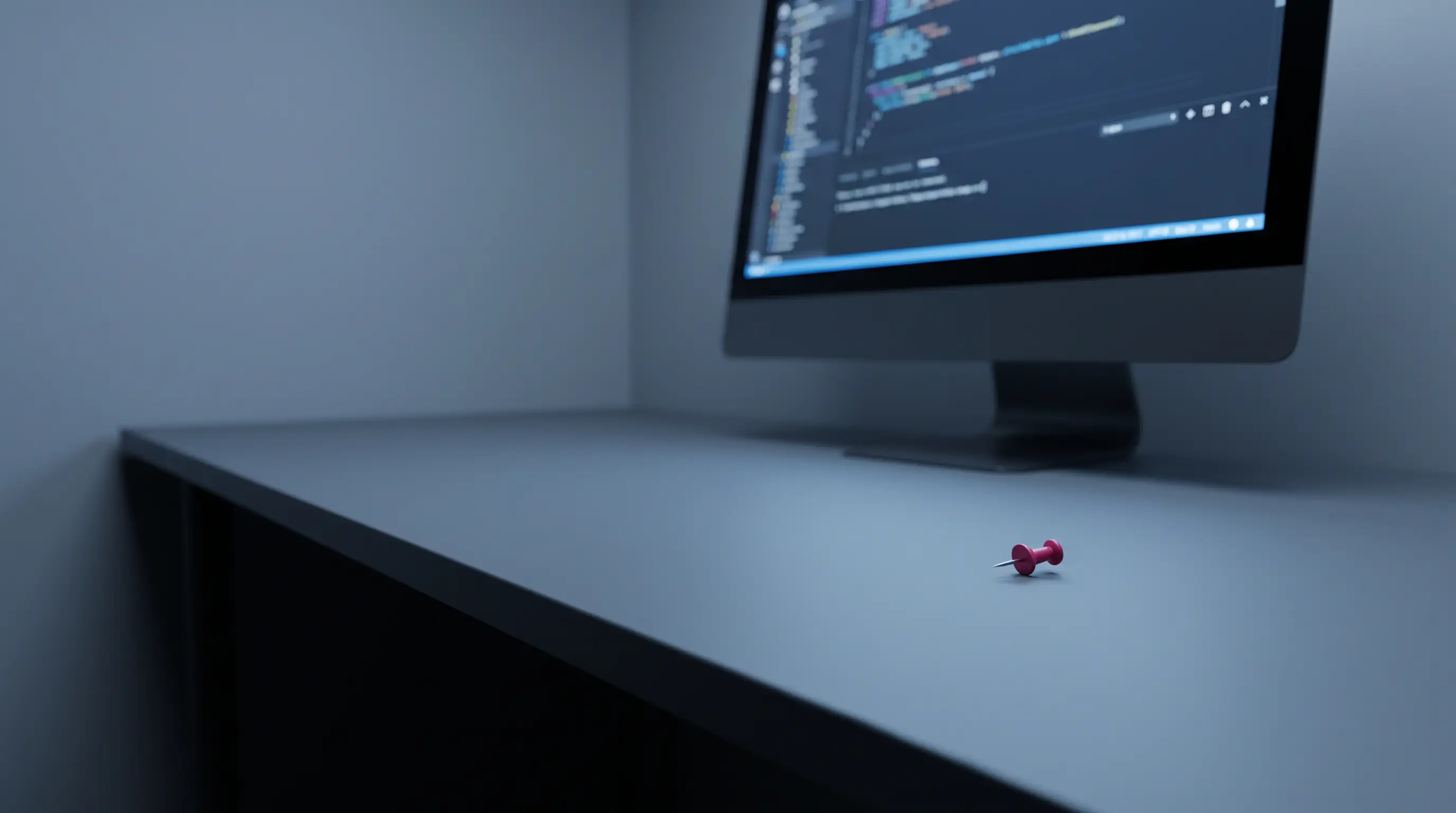 A desktop monitor at a three quarter angle in a dim grey room, an out of focus code editor on the screen, its light falling across an otherwise empty desk with a single raspberry pin on it