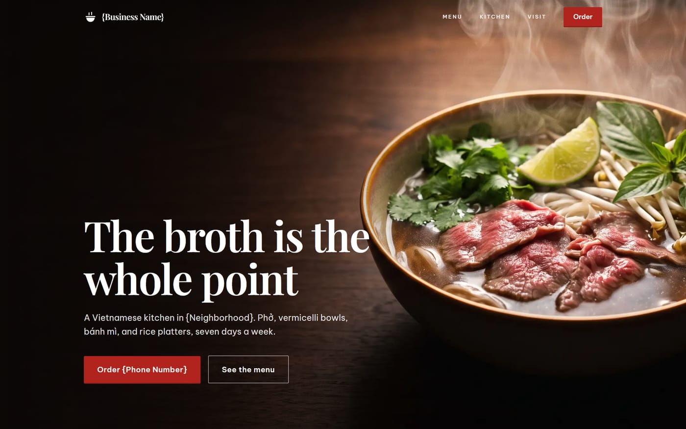 Homepage of a Vietnamese restaurant site, with a full bleed photograph of a bowl of pho and a red accent